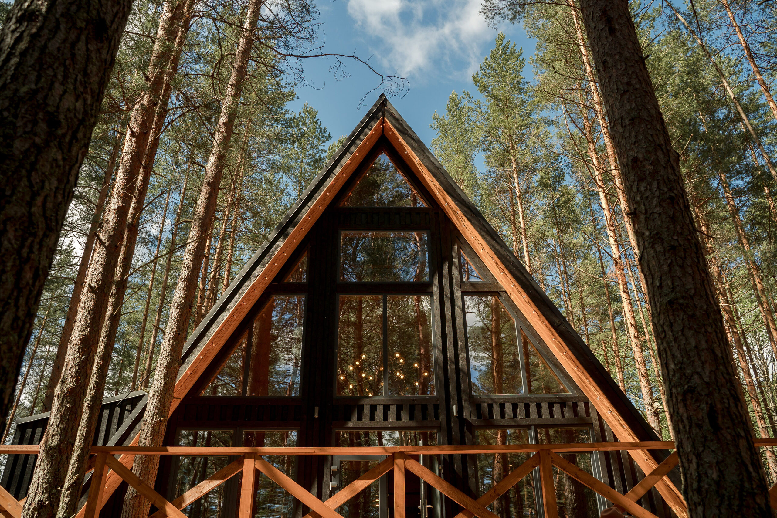 An A-frame house with a tall glass front, seen from below between pine trees