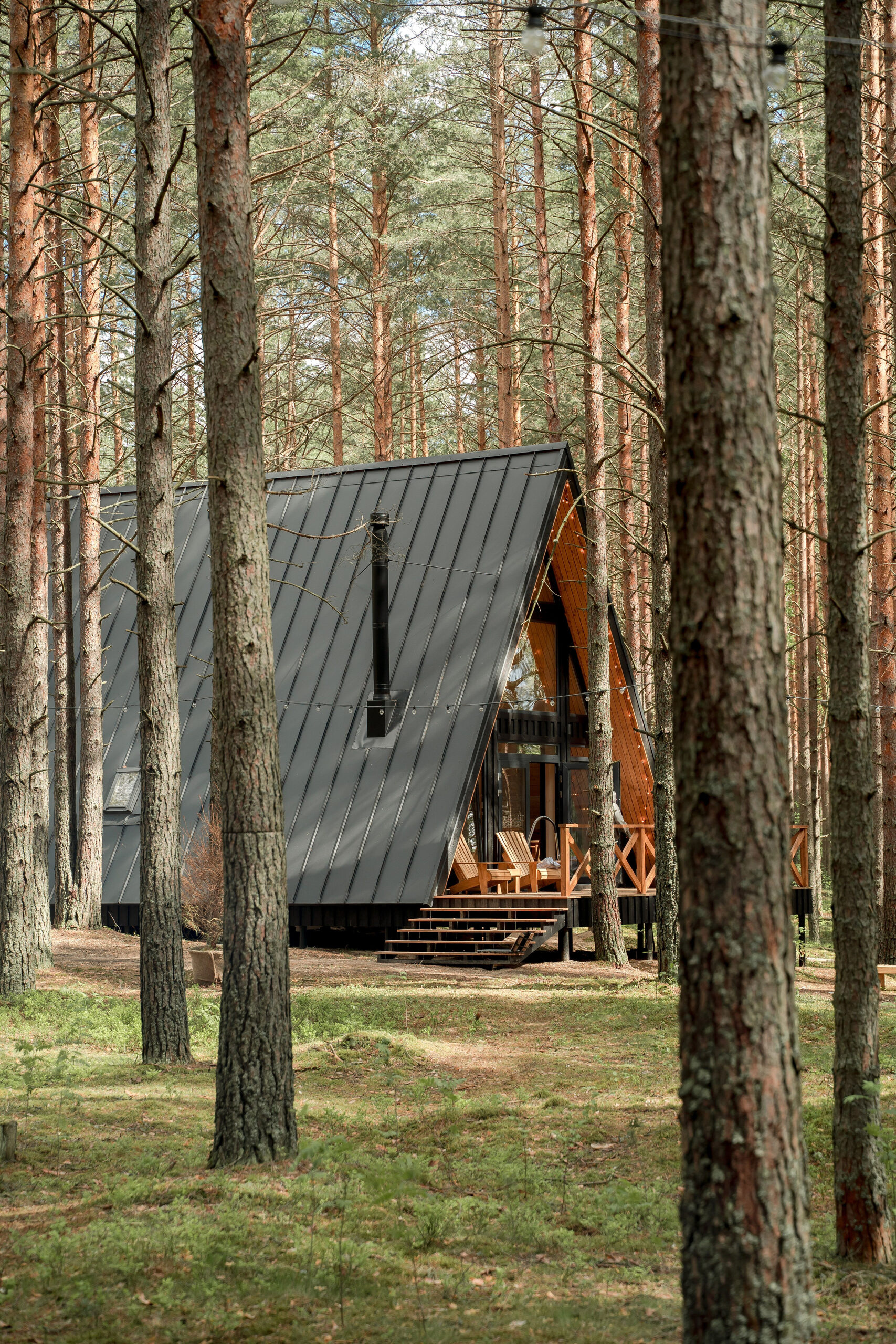 A dark A-frame house with a wooden terrace among tall pine trees